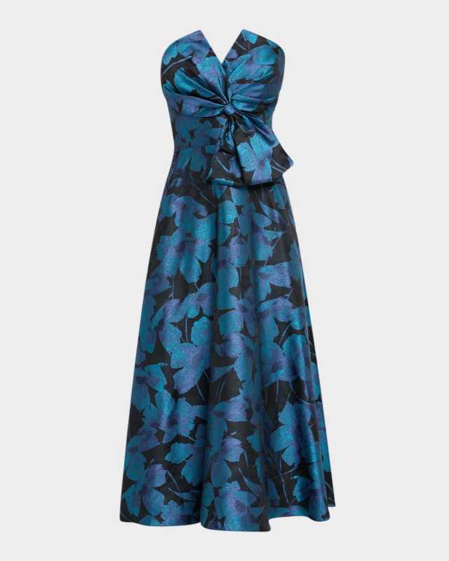 Strapless A-Line Floral Jacquard Midi Dress